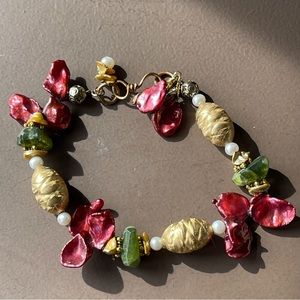 Christmas Red gold keshi pearl gold filled bracelet earrings Vasonite gemstones